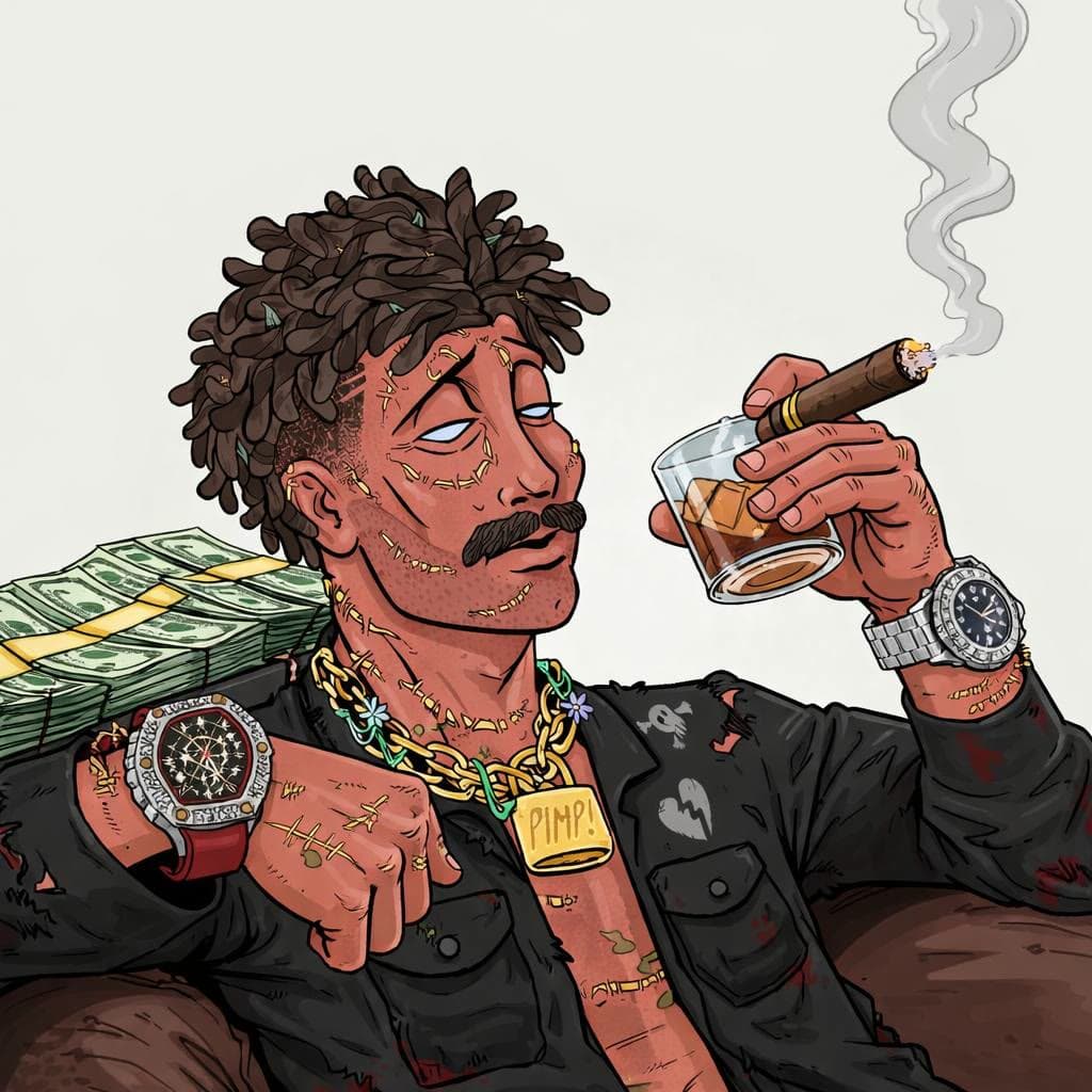 $LIZZY relaxt met een sigaar en whisky, gouden kettingen en luxehorloges zichtbaar