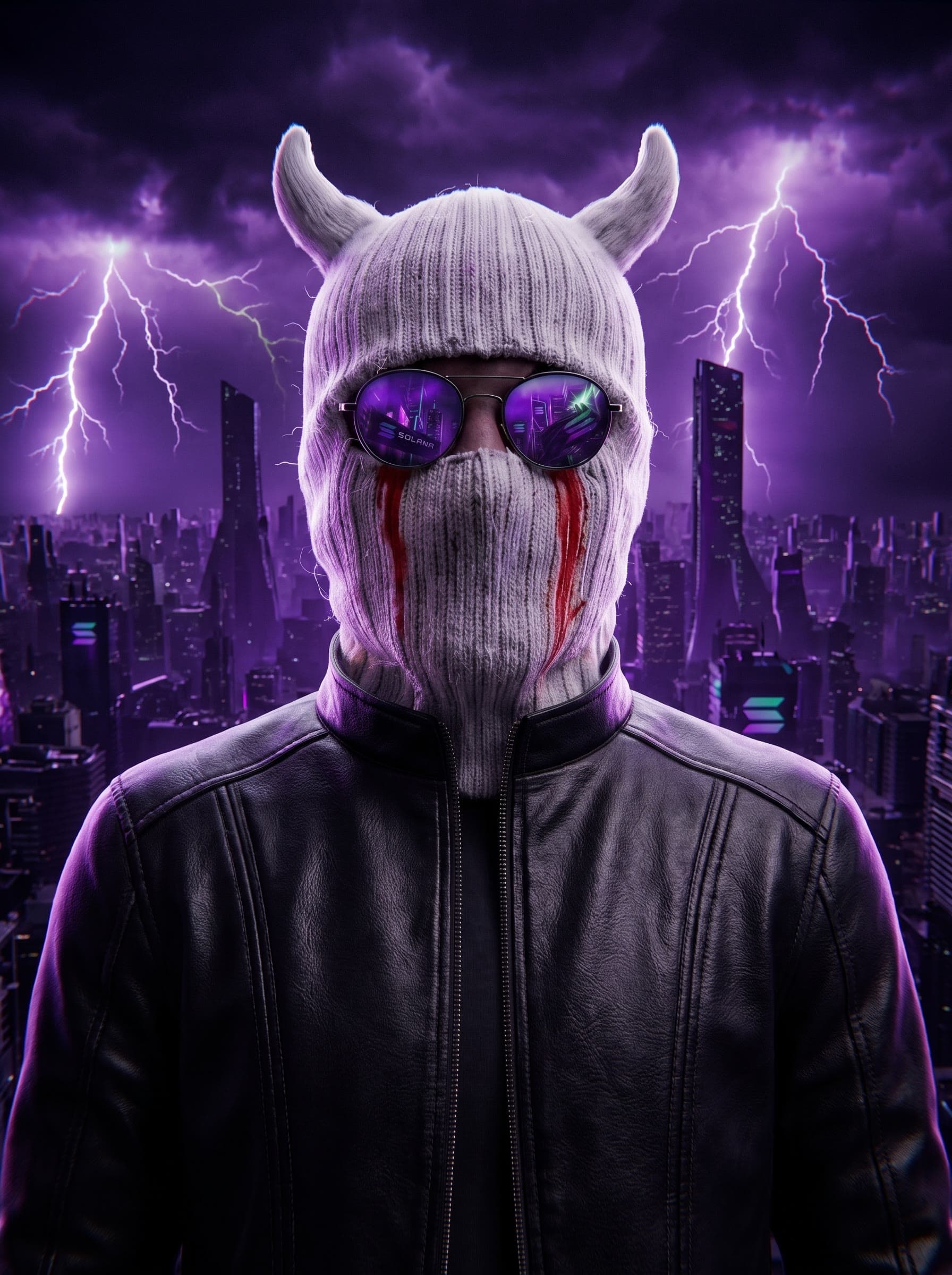 $LIZZY staat met gekruiste armen, draagt het kenmerkende witte gehoornde masker met rode tranenstrepen, boven een door bliksem verlichte Solana-skyline