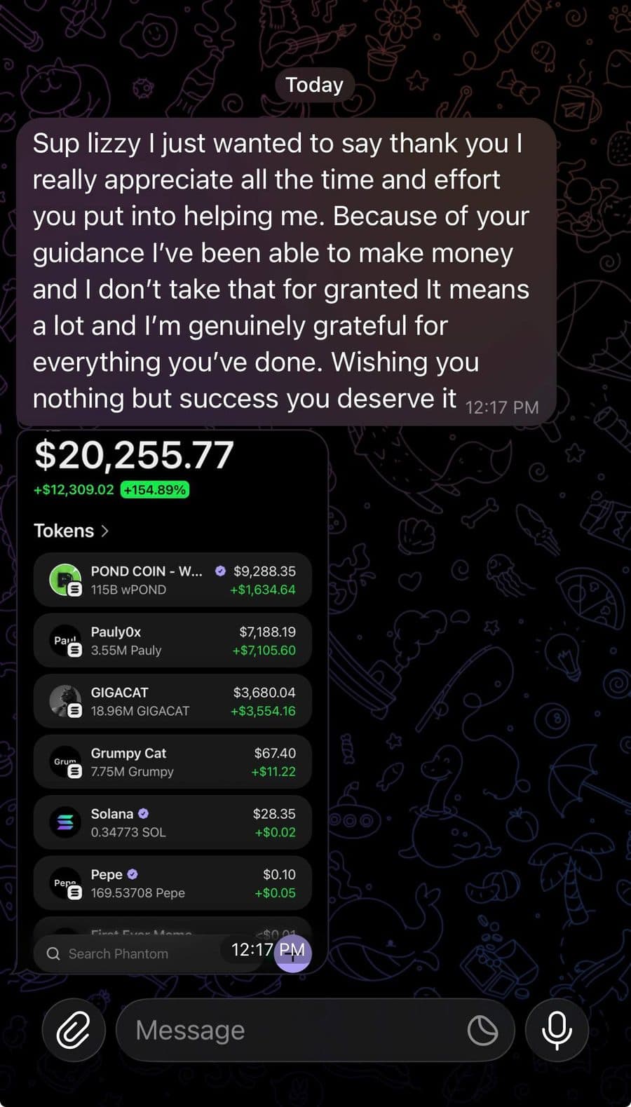 Screenshot van een communitylid dat portfoliowinst rapporteert dankzij $LIZZY