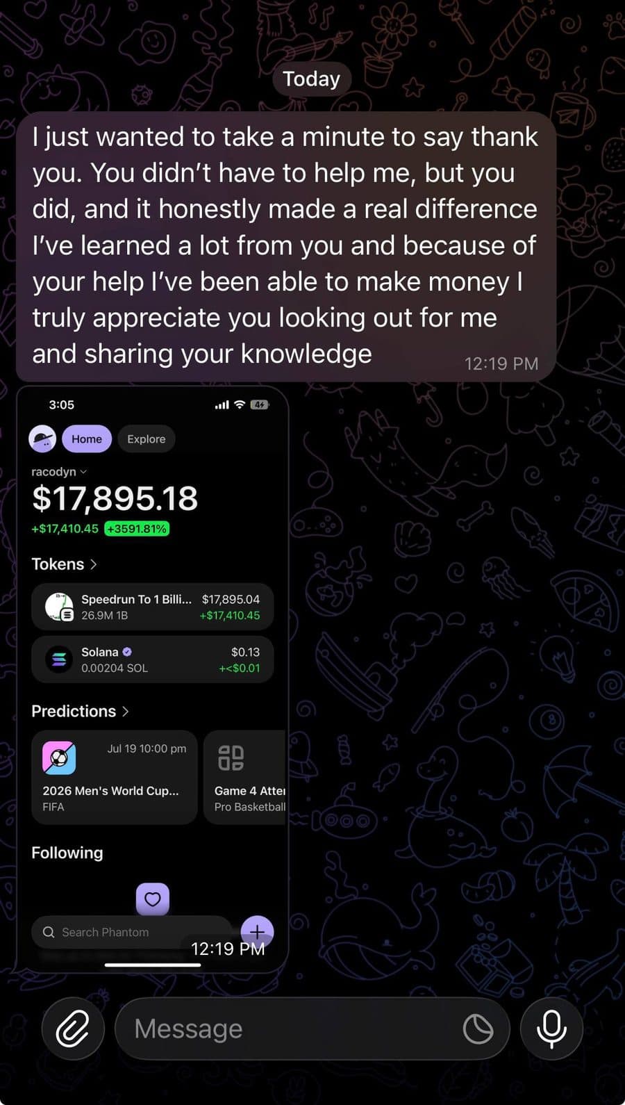 Screenshot van een communitylid dat portfoliowinst rapporteert dankzij $LIZZY